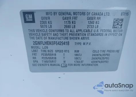 2015 Chevrolet Equinox Ltz from USA, damaged, VIN 2GNFLHEK6F6429418